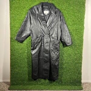 John Weitz‎ Vintage Black Leather Long Coat Womens M 80s 90s Oversized Trench